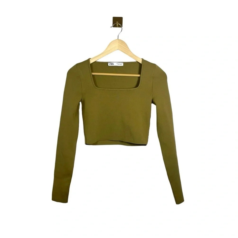 Zara Women’s Knit Square Neck Long Sleeve Crop Top in Olive Green Size M
